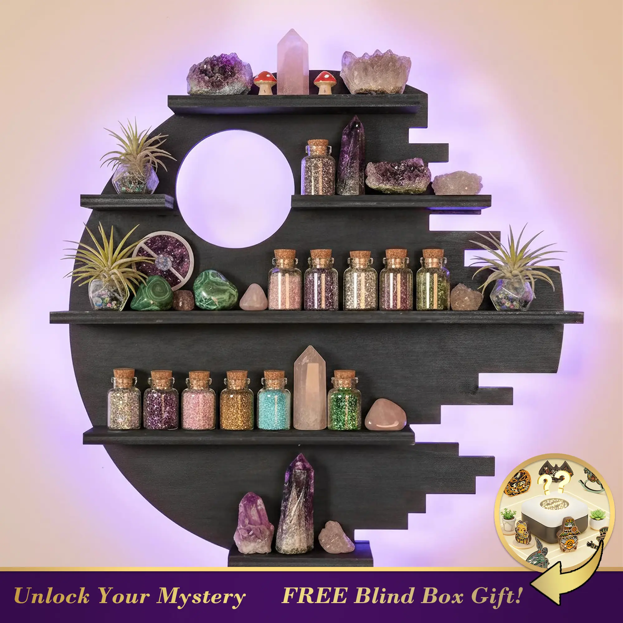 FNYDOX Wooden Moon Shelf with LED Lights, Crystal Wall Shelf for Rock Gem Stone Display Witchy Trinkets Holder Boho Wall Decor Floating Shelves for Nail Polish & Essential Oil