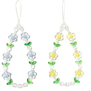 Flower Phone Charm Cute Pearl Phone Lanyards Beaded Wrist Strap for Camera Bag Keychain Charm Metal Acrylic