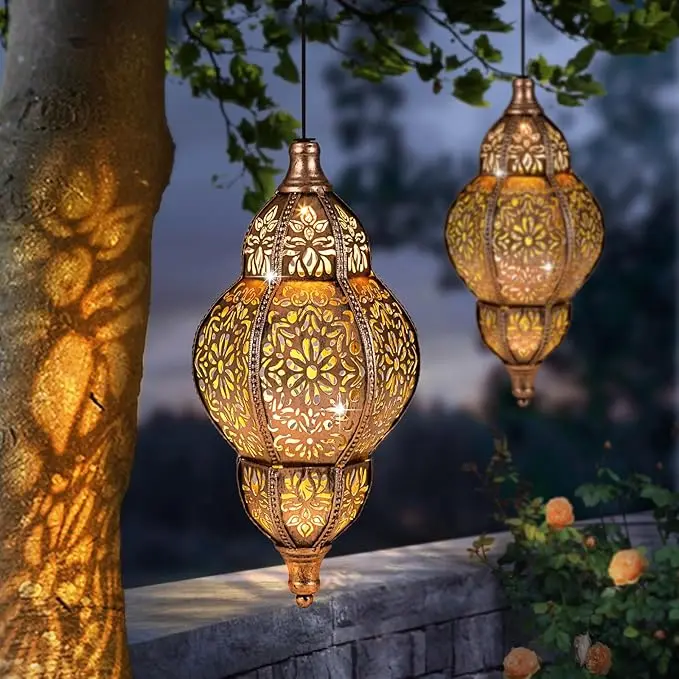 Antique Copper Solar Lantern | Hand-Forged Solar Lantern Islamic | Floral Shadow Art at Dusk