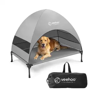 #SummerVibes #petloversVeehoo Outdoor Dog Bed with Canopy Cooling Elevated Pet Cot for Large Dogs Non-Slip Feet Grey Camping Beach Yard Essential with 3-Sides Full Shade & Great Ventilation
