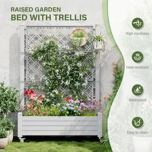Raised Garden Bed with Double Diamond Lattice Trellis, Built-in Drainage Holes – Waterproof & Heat-Resistant Planter Box for Climbing Plants, Hanging Baskets – Easy to Clean for Patio, Garden Summervibes