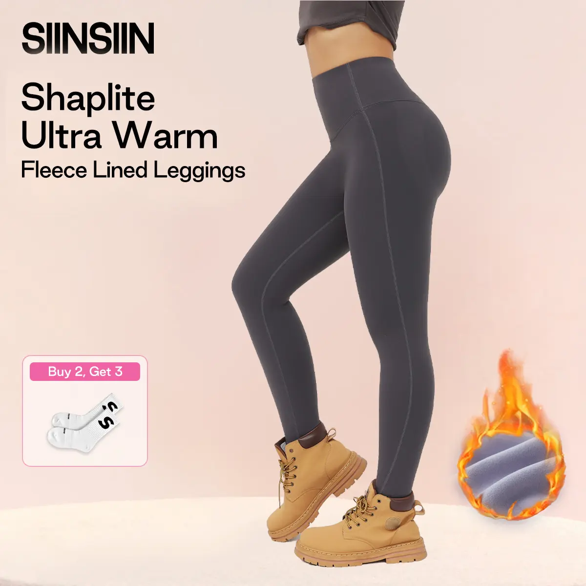 SIINSIIN Shaplite Compression-Type Women's Sports Leggings - Ultra Warm Fleece Lined, Thermal High Waisted Tummy Control Yoga Pants with Pockets for Winter, Jogging Wear, Everyday Active, Do Not Iron, Nylon Blend, High Waist Activewear, Gym Sportswear Bot