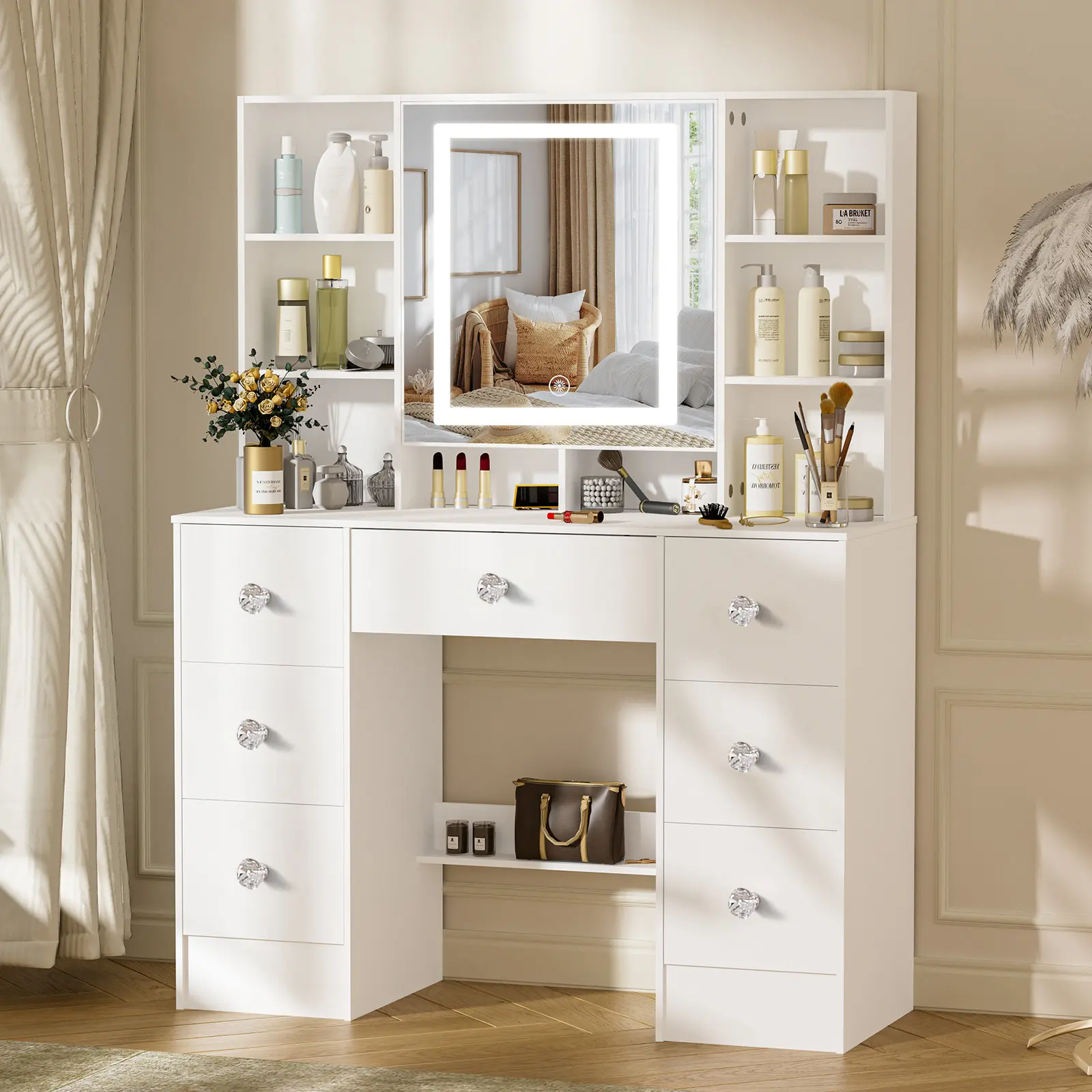 White Makeup Vanity Desk with LED Lighted Mirror, Dressing Table with 7 Drawers & 8 Shelves, 3 Color Modes, Vanity Set for Bedroom