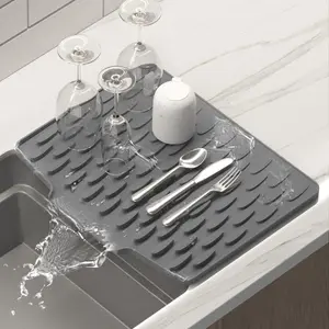 12.6in*10in Silicone Dish Drying Mat for Kitchen Counter, Fast Drainage Design for Vegetables Fruits, Heat Resistant, Non-Slip, Dishwasher Safe, Gray