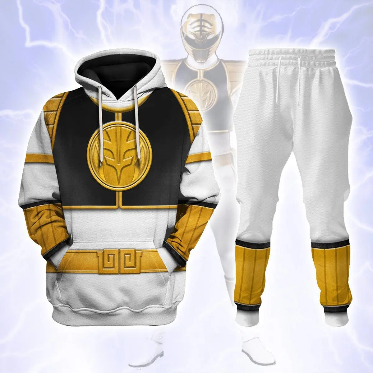MakerHuman White Hero Ranger Inspired Hoodie and Jogger Set, Unisex Pullover Hoodie Sweatshirt, Matching Sweatpants, Cosplay Costume, Retro Superhero Streetwear Outfit, Fan Gift
