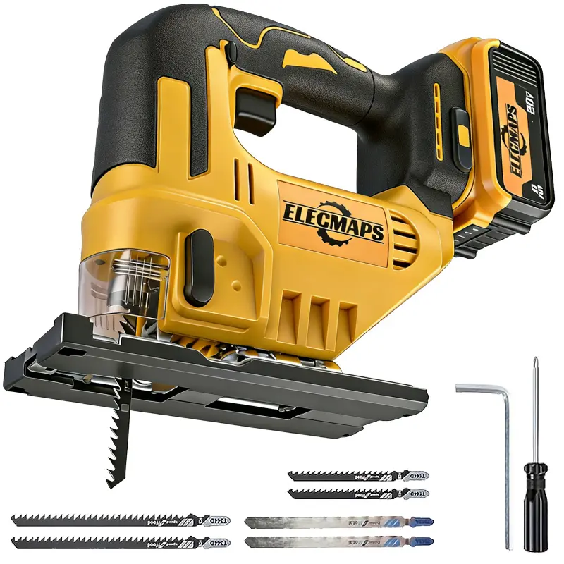 Brushless electric jigsaw set with 6 blades and screwdriver, ideal for cutting wood and metal, capable of 0°–45° bevel cuts, perfect for straight, curved, and angled cuts—great gift choice (battery not included)