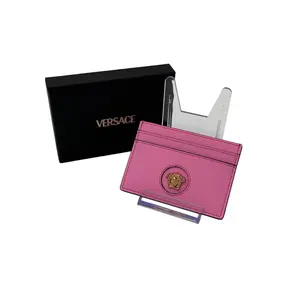 Pre-owned VERSACE Leather Cardholder Pink Pebbled Medusa – Gold Medusa Emblem, Made in Italy, With Box