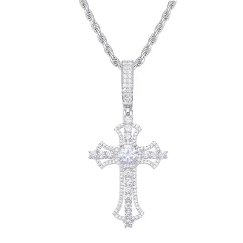 UCCIYO Hollow Cross P473 Inlaid S925 Sterling Silver Synthetic Moissanite Hollow Cross Pendant Necklace Suitable for Men and Women Hip Hop Jewelry Gifts【#P473】