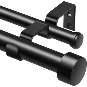 1 Inch Double Curtain Rod for Windows 72 to 144 Inches (6-12 ), Black Heavy Duty Drapery Rod, Adjustable Double Rods with End Caps