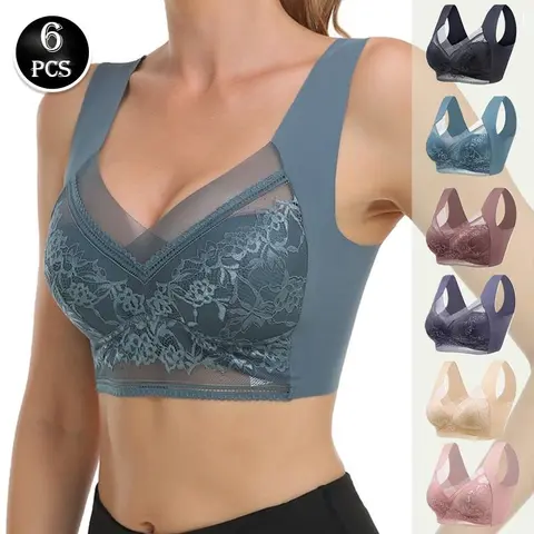 Women's 6-Pcs Chic Retro Contrast Floral Lace Wireless Padded Bras - Racerback, V-Neck, 3/4 Coverage, Contrast Mesh Push-Up, Mix Colors, Mesh Panels, Nylon Blend, Smooth Breathable Fabric, All-Season Wear