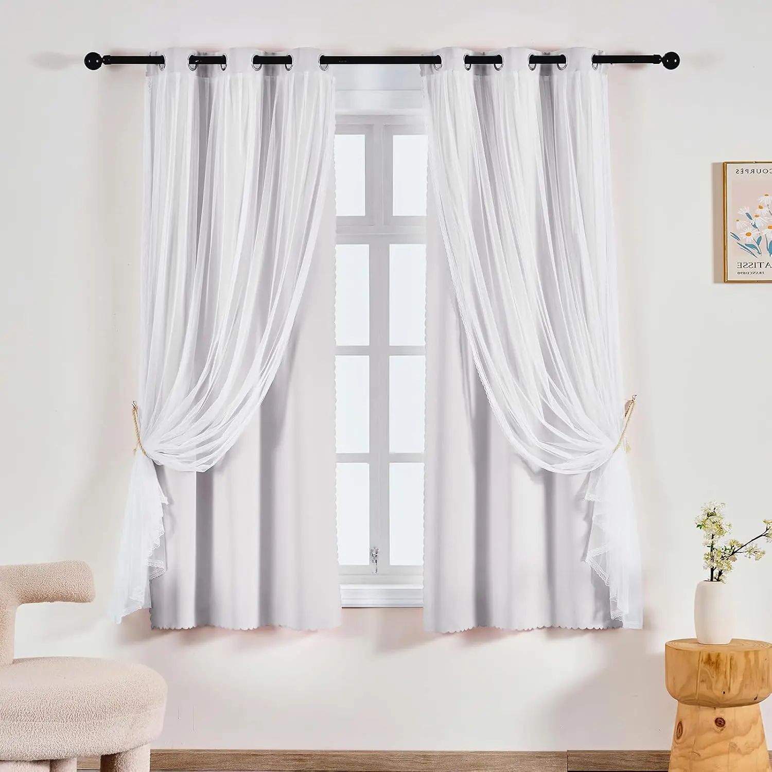 Home Curtains Blackout and Sheer Layered Solid Window Curtain Panel Pair with Grommet Top, 35Wx63L，Greyish White