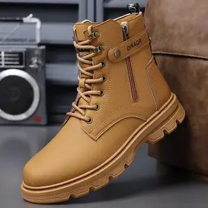 Tide Men's Side Zipper Lace-Up High Top Work Boots Thick Sole Wear-Resistant Outdoor Casual Boots Shoe fathersdaygift
