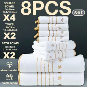 8-Piece Gold Thread Embroidered Bath Towel Set, Modern Simple Bathroom Accessories, Quick-Dry Absorbent Microfiber, Reusable Towels, Suitable for Home Camping Hotel School Community Factory