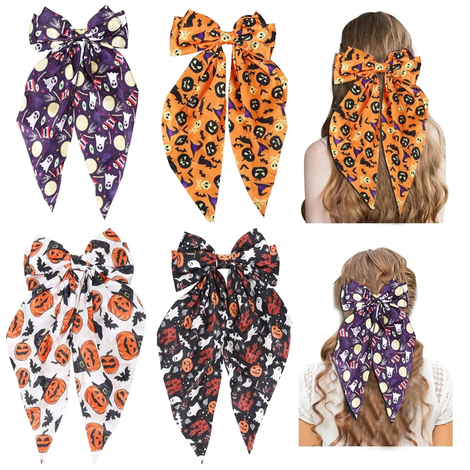 Halloween Silky Satin Hair Bows for Women,Big Ribbon Bow Hair Clips for Girls,  Long Tail Hair Barrettes Cute Hair Accessories (Halloween purple)
