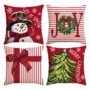 Christmas Themed Square Cushion Cover, 4 Counts/set Merry Christmas & Snowman & Tree Pattern Throw Pillow Cover without Filler, Home Decor for Living Room Sofa Bedroom