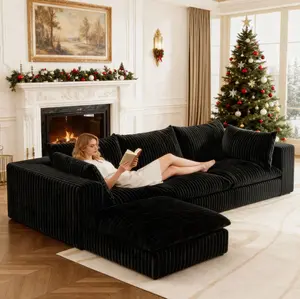 【3-5 Packages】Eyisean 118.2" Oversized Plush Corduroy 3-Seater Boneless Cloud Couch, Modern L-Shaped Modular Sectional Sofa with Ottoman, No Assembly Required, Fluffy Sectional Couch for Living Room