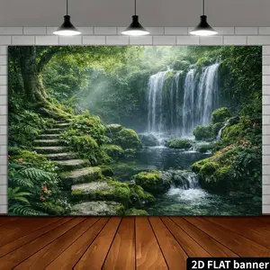 2D Flat Polyester Enchanted Forest Waterfall Nature Backdrop Banner, Indoor Backdrops, Moss Stone Steps Sunlight Stream Jungle Landscape Photography Background, Indoor Outdoor Use, Ideal For Zen Serene Scene Setup, Nature Portrait Photoshoot