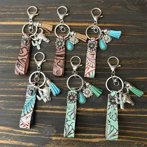 Western cowboy retro leather keychain turquoise cowhide pendant