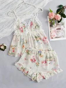 Floral Lace Cami Pajama Set for Women, Sheer Fabric with Ruffle Design, Perfect for Home and Sleepwear