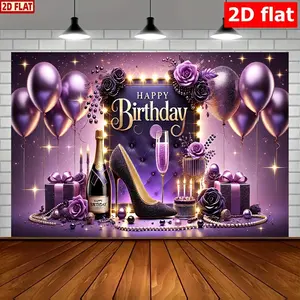2D Flat, Elegant Purple Theme Happy Birthday Banner, Polyester, 8x6 Feet Party Backdrop for Versatile Decorations, Party Decoration Supplies – Festive Celebrations in Gardens, Studios, Homes & Outdoor Events