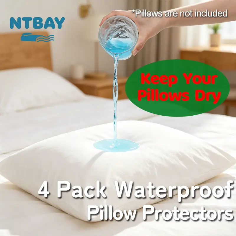 NTBAY 4-Pack Waterproof Durable Pillow Protectors, Zippered Jersey Covers, Super Soft, Quiet, Breathable, Dust Mite Proof, Oeko-Tex Certified, for Adults and Children, Durability