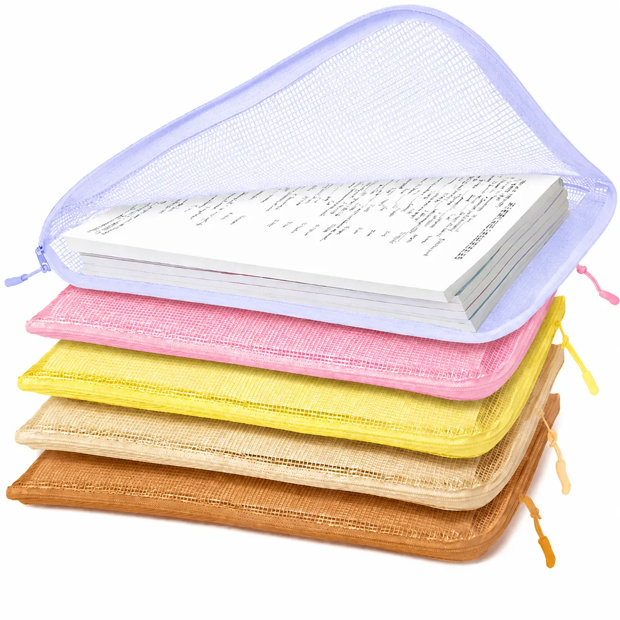 A4 Mesh Zipper Pouch Bags 5/10 Pack, Cute Colorful File Organizer Bags with L-Shaped Large Opening, Portable Document Storage Pouches for School & Office Essentials