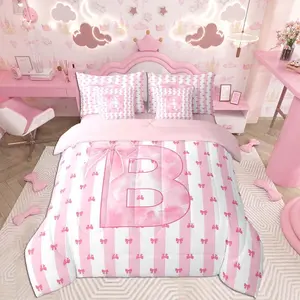 Pink Bowknot Comforter Set 7 Pieces Personalized Initial B Bedding Set for Kids Girls Princess Bed in a Bag with Comforter,Sheets,Kawaii Bow AlphabetCute Bowknot Strip Lines Quilted