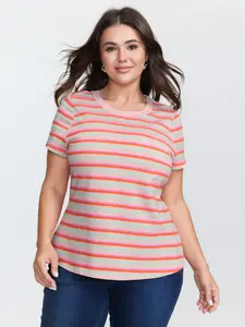 Women's BLOOMCHIC Plus Size Striped Stretchy Round Neck Regular Sleeve Casual T-Shirt - Soft Fabric, 2026 Summer Flat-Fit Lady Garment, Streetwear Top for Mothers [M-6X]