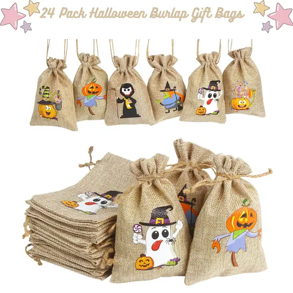 24 Pack Halloween Burlap Treat Bags: Reusable Drawstring Gift Bags for Candy, Party Favors & Trick-or-Treat | Small Jute Pouches for Kids, Adults, Halloween Party Supplies