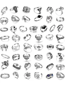 49PCS Vintage Silver Punk Rings Knuckle Rings Set for Men Women Snake Cross Flower Chunky Rings Stacking Rings Open Adjustable Goth Punk Hip Hop Cool Midi Stackable Rings Pack Statement Multi Ring