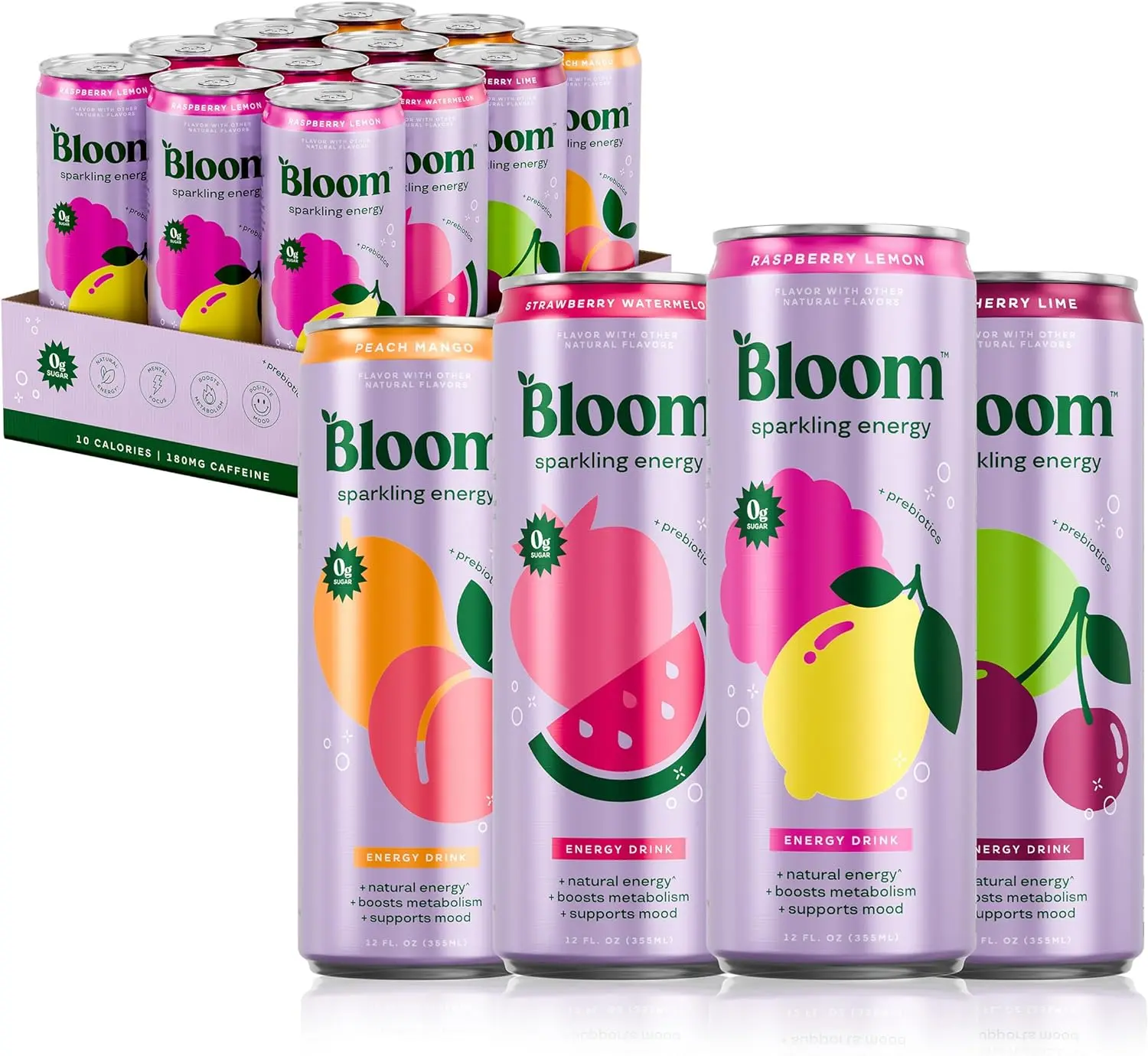 Bloom Nutrition Sparkling Energy Beverage, 180mg Natural Caffeine, 0 Sugar, Antioxidant-Rich, Green Coffee Bean & Green Tea Extracts, Prebiotics, 12oz, 12 Pack