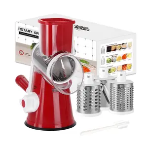 Rotary Cheese Grater Shredder Chopper Round Tumbling Box Mandoline Slicer Nut Grinder for Vegetable, Hash Brown, Potato with 3 Sharp Drums Blades and Strong Suction Base by Valuetool Kitchen