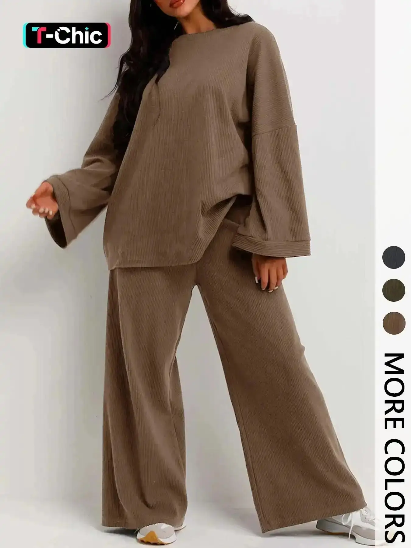 Women's Casual Oversized Ribbed Long Sleeve Top & Wide Leg Pants Set, Comfortable Knit for Spring & Fall Seasons, Womenswear