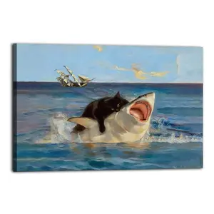Cat & Shark Printed Poster Home Office Decoration Canvas Decorative Paper Wall Picture Modern Home Decoration Bathroom