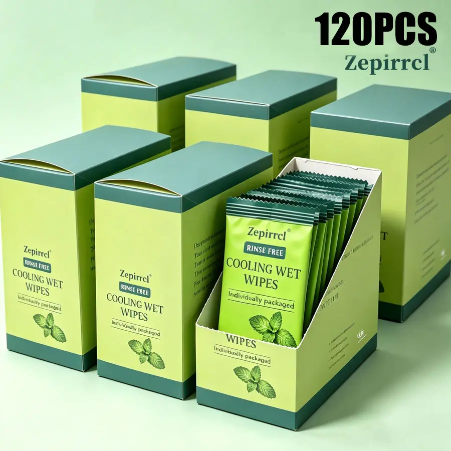 120 pcs cooling wet wipes, individually packaged; travel mini size, portable for on-the-go use. Ideal for outdoor activities and sports—helps cool down and wipe sweat. Essential for outdoor work, fitness, summer travel, and hiking. Dimensions: 20×15 cm; 4