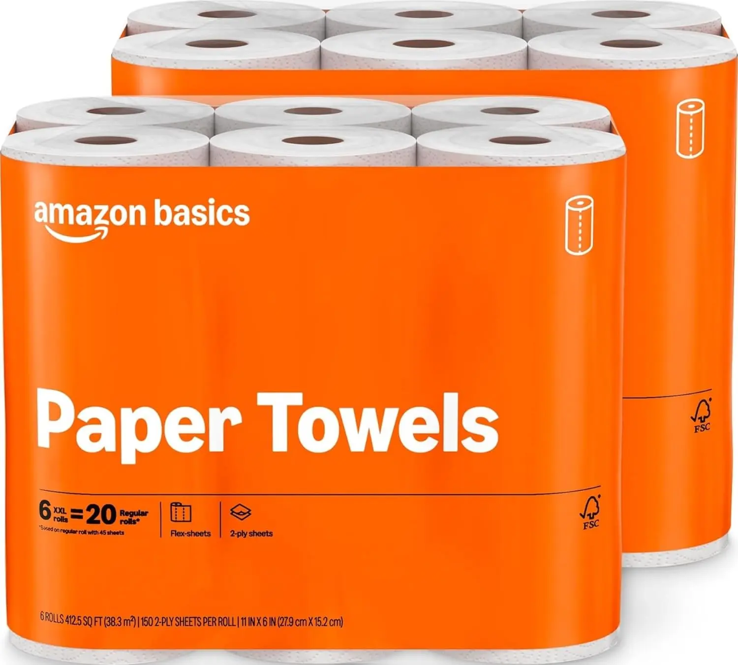 Amazon Basics 2-Ply Flex-Sheets Paper Towels, 12 Basics Rolls = 40 Regular Rolls, Everyday Value with 150 Sheets per Roll, Packaging May Vary