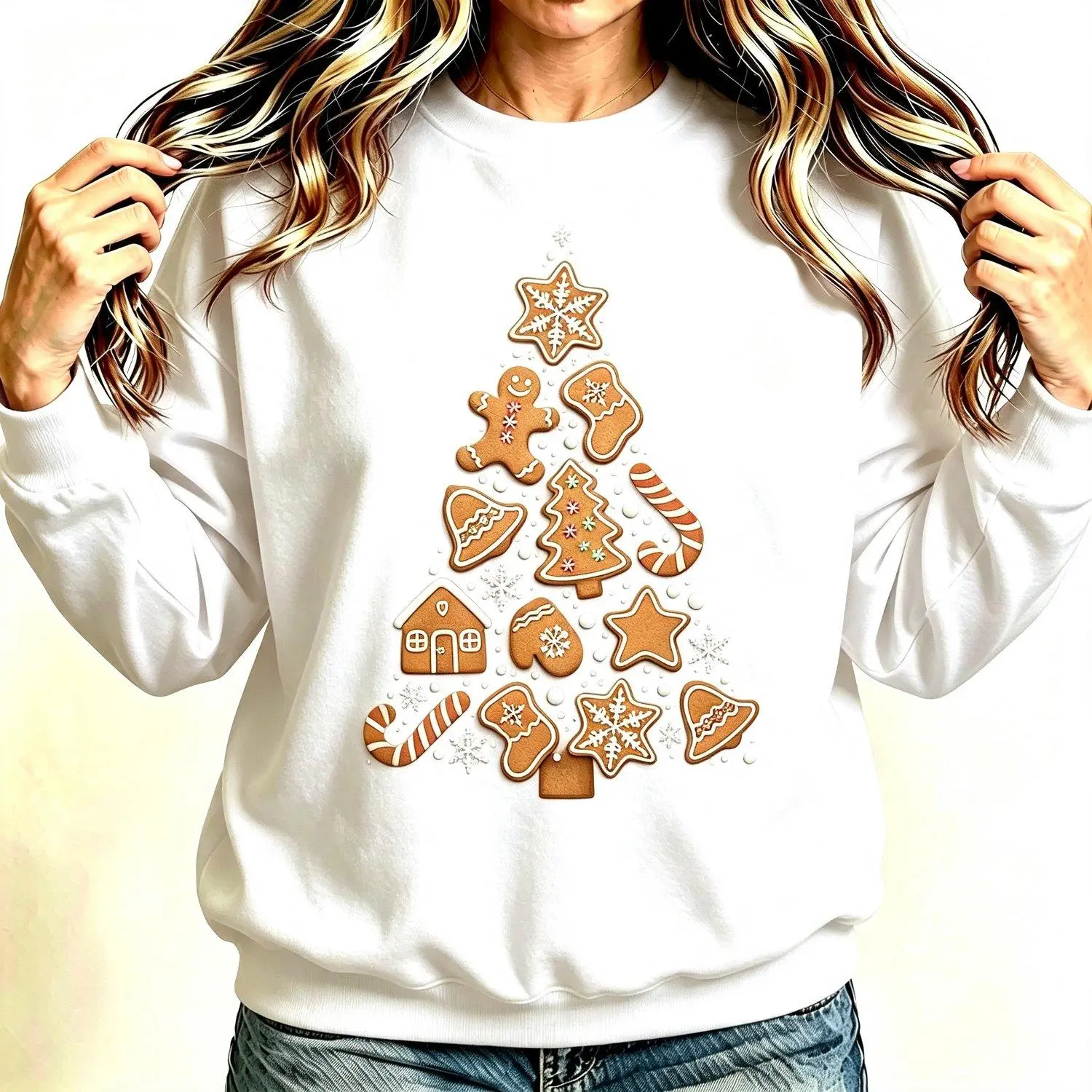 Gingerbread Christmas Tree Assorted Cookie Candy Cane Snowflake Xmas Crew Neck Sweatshirt Pullover Winter Holiday Casual Top Trendy Stylish Apparel