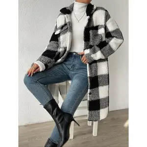 Women's Long Flannel Plaid Jacket, Comfortable Lapel Button Shirt Jacket, Faux Fur Lamb Wool Coat, Winter Warm Elegant Teddy Outerwear