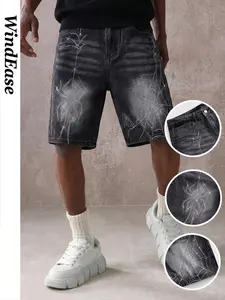 Men's Gothic Spider Web Rhinestone Denim Jeans Shorts, Loose Fit Washed Pocket Casual Capri Pants, Comfortable Street Style Shorts for Travel and Parties