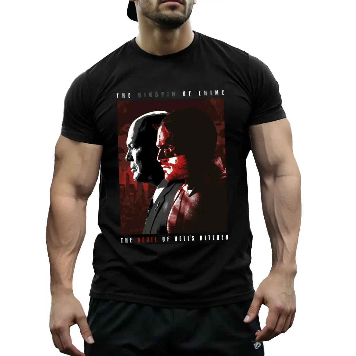 Menswear Kingpin Graphic Daredevil Born Again TV Show Short-Sleeve Tops - Devil & Kingpin Design, Black Cotton Slight Stretch T-Shirt, S-3XL Sizes, Casual Fit, Machine Washable, Durable Knit Fan Merchandise