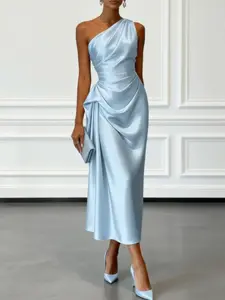 Elegant Evening Dress for Summer 2026, High Stretch Satin Sleeveless Asymmetrical Shoulder Midi Dress, Perfect for Formal Parties and Birthdays