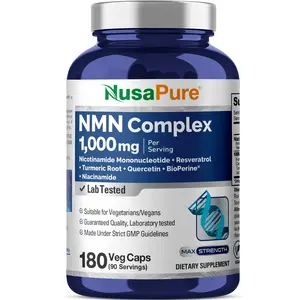 NusaPure NMN Complex Dietary Multi-Ingredient Plant-Based Turmeric Vitamins Supplements, 1000mg per Serving with Resveratrol, Quercetin & BioPerine, 180 Vegan Capsules (90 Servings) - Non-GMO, Lab Tested, cGMP-Certified
