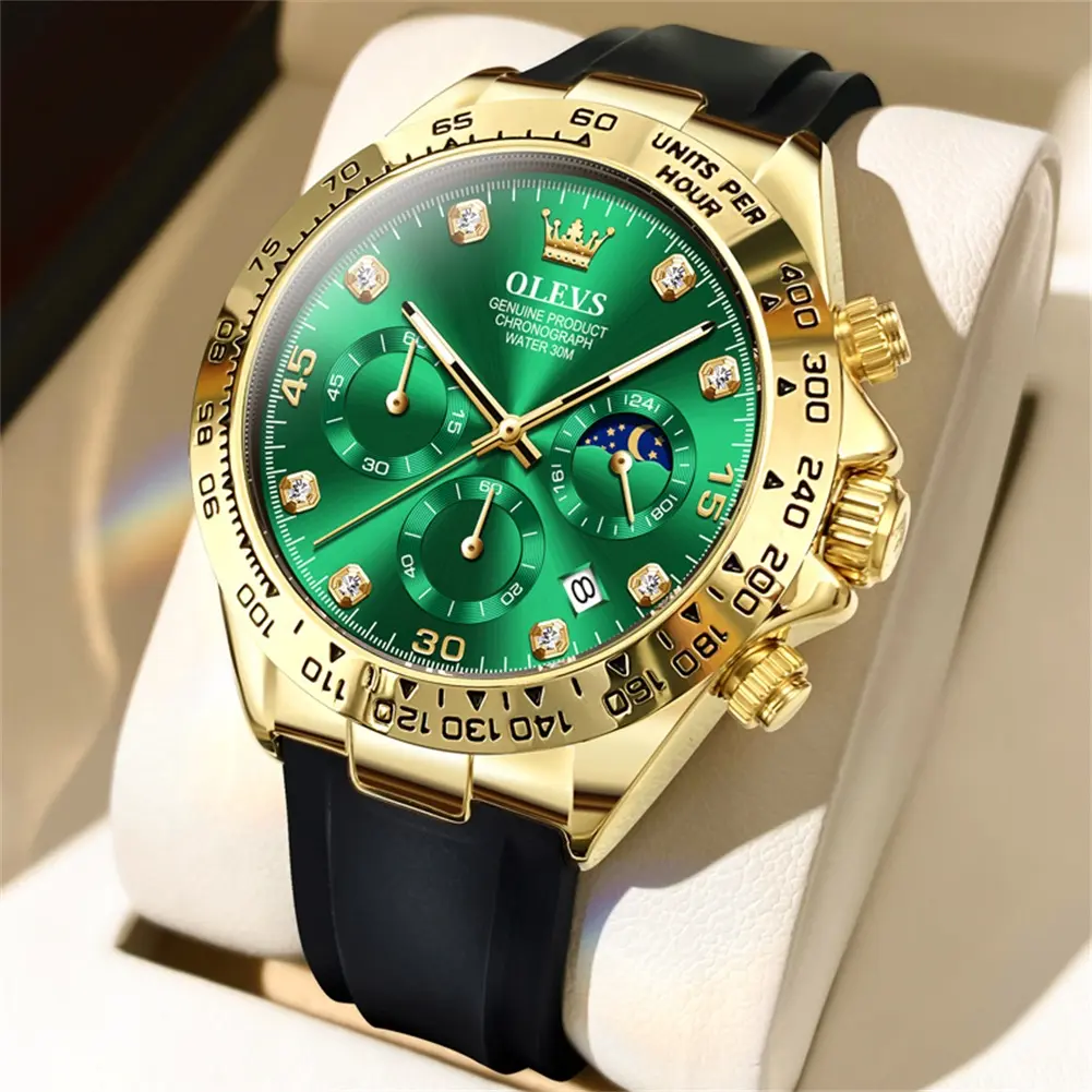OLEVS Watches for Men Waterproof Chronograph Analog Multifunction Moon Phase Silicone Diamond Luminous Wrist Watches Rubber Band Stainless Steel 2875