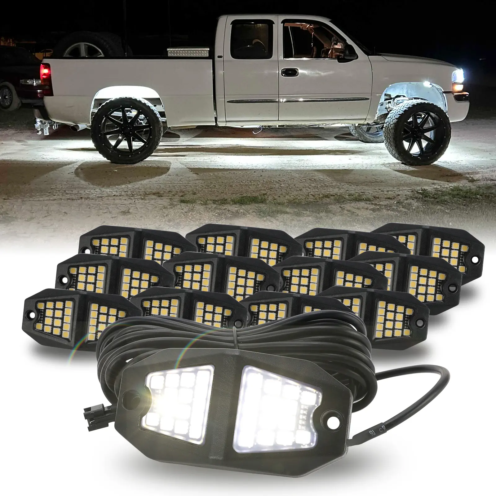 Winunite 30 Wide Angle Chips Rock Lights,6500K Pure White,IP67 Waterproof,4M Extension Wires,Plug and Play,High Adhesive Stickers,For ATV UTV SUV Truck RZR Boat Trailer Cars,Summer Survivals