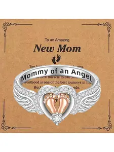 Angel Baby Mom Heart Ring, Beautiful Rings, Cute Baby Footprint Jewelry Gift, Warm Elegant Fashion, Christmas Birthday Mother's Day Present, High-Quality Jewelry