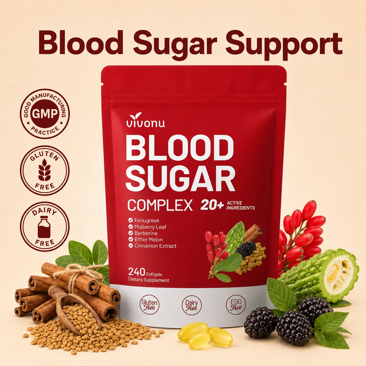 【LAST-CHANCE】VIVONU BLOOD SUGAR COMPLEX –Blood Sugar Balance | Antioxidant Support | Metabolic Support | Enhanced Absorption | Bitter Melon + Turmeric + Cinnamon + Mulberry Leaf + Berberine + Fenugreek | 240 Capsules per Bag