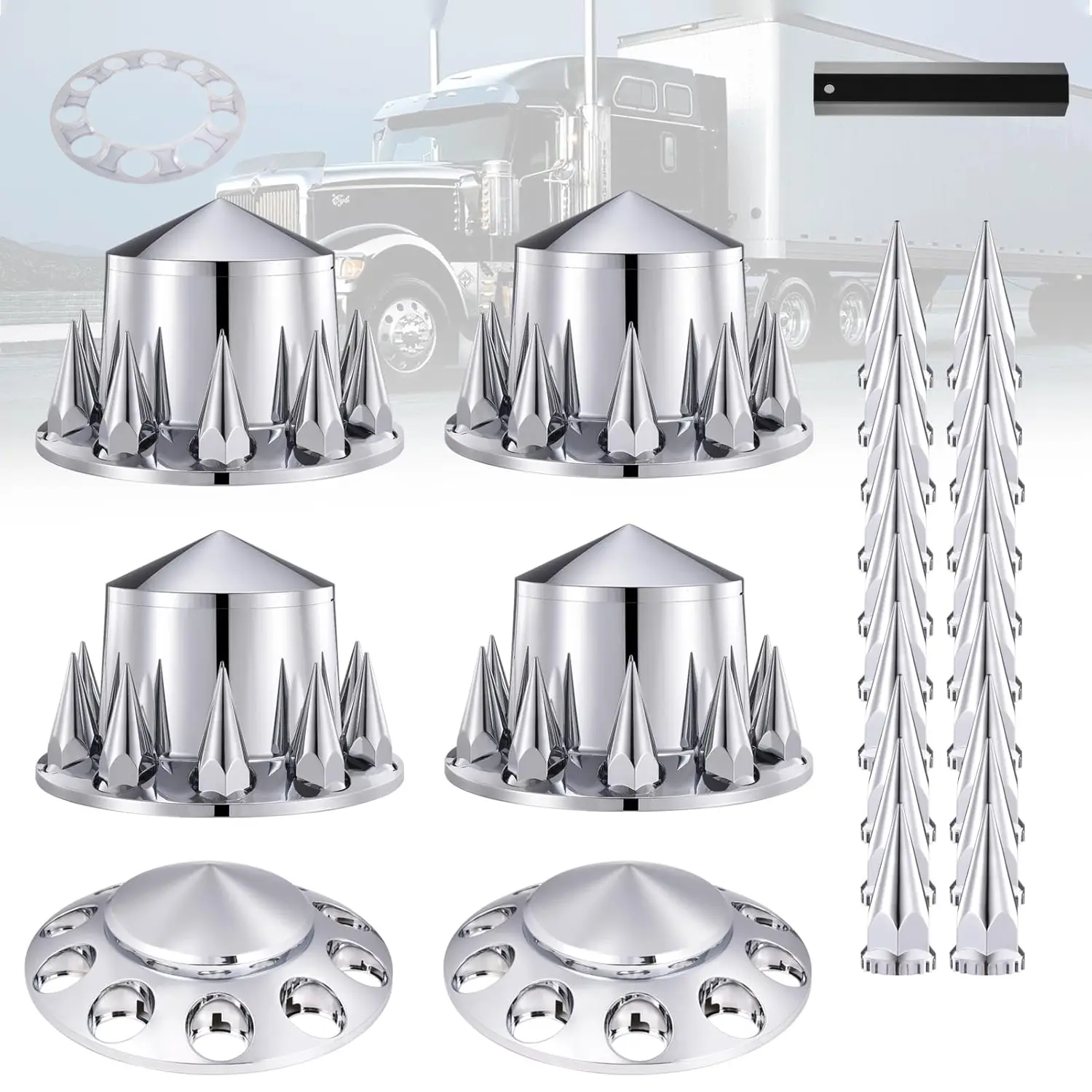 Chrome Hub Cover Kit, 33mm Spiked Wheel Axle Parts, Truck Accessories for Semi Trucks - 2 Front & 4 Rear Covers