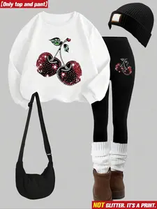 Women's 2-Piece Sweatshirt Set Outfit, Fruit Pattern Print, Round Neck Long Sleeve, Fitted Bottoms, Casual Winter, Perfect for Holidays