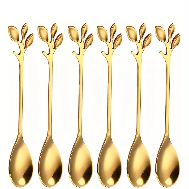 6 stainless steel spoons, creative and personalized design, leaf & coffee & tea spoons, perfect for afternoon tea, weddings and parties, durable kitchen essentials, mirror-polished, dishwasher safe, Kitchenware, Spoons Set. [4.72 inches]
