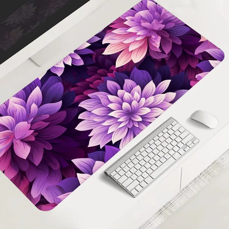 Extra Large purple floral gaming mouse pad, aesthetic flower pattern desktop protection pad, Computer Mat, anti-slip rubber lock edge high-definition printing, suitable for computers, laptops, offices, homes, schools, as a gift for family and friends